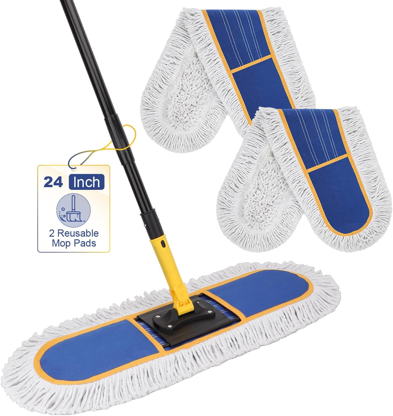 24" Commercial Dust Mop: Heavy Duty Industrial Floor Duster with 2 Cotton Reusable Mop Pads - 59 Inch Long Handle Wet Dry Flat Mops for Floor Cleaning (Blue)