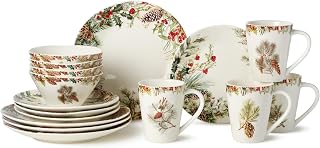 Woodland 16-Piece DINNERWARE SET, SERVICE For 4— Four complete holiday place settings alive with pine boughs, pinecones, and ruby red berries on luminous white stoneware.