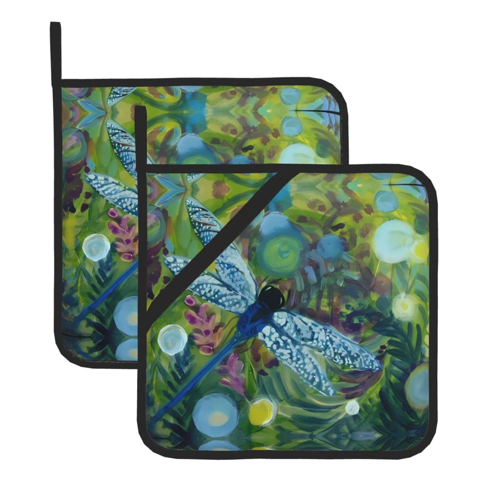 HJFCZH Hand painted blue dragonfly Prints Square Hot Pads for Kitchen Counter - Waterproof Pot Holders, Durable Heat Resistant Throw Layers for Serving, Oven & BBQ - 2 Pack