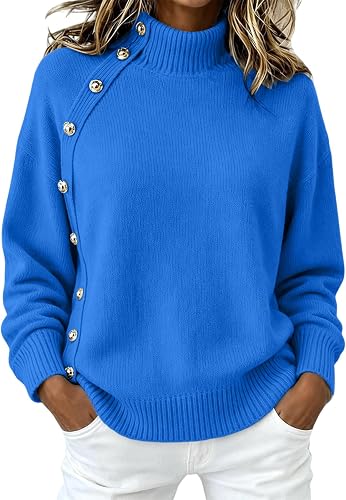 Shiketong Womens Button Mock Neck Sweater Asymmetric Pullove