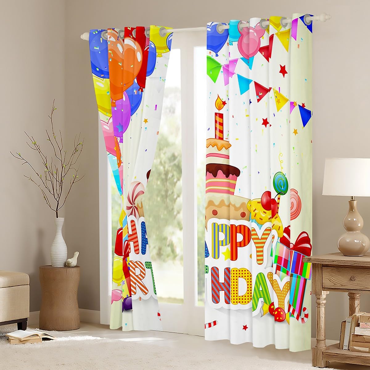 Zasłony tematyczne Happy Birthday do sypialni salonu dziewczyny dzieci szer. 46 x dł. 54 nadruk balonowy 30%-50% zasłony zaciemniające ciasto kolorowe zasłony okienne białe dekoracje okienne