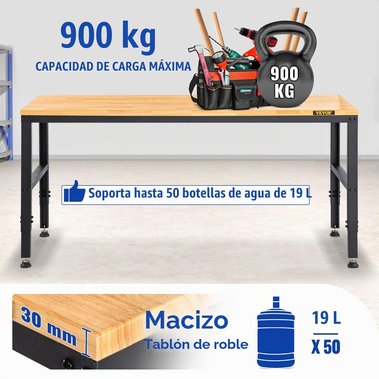 VEVOR Banco de Trabajo de Altura Ajustable, 135 cm de Ancho x 46 cm de Profundidad x 97 cm de Alto, Mesa de Garaje con 72-97 cm de Altura y Capacidad de Carga de 900 kg, con Tomas de Corriente, Parte