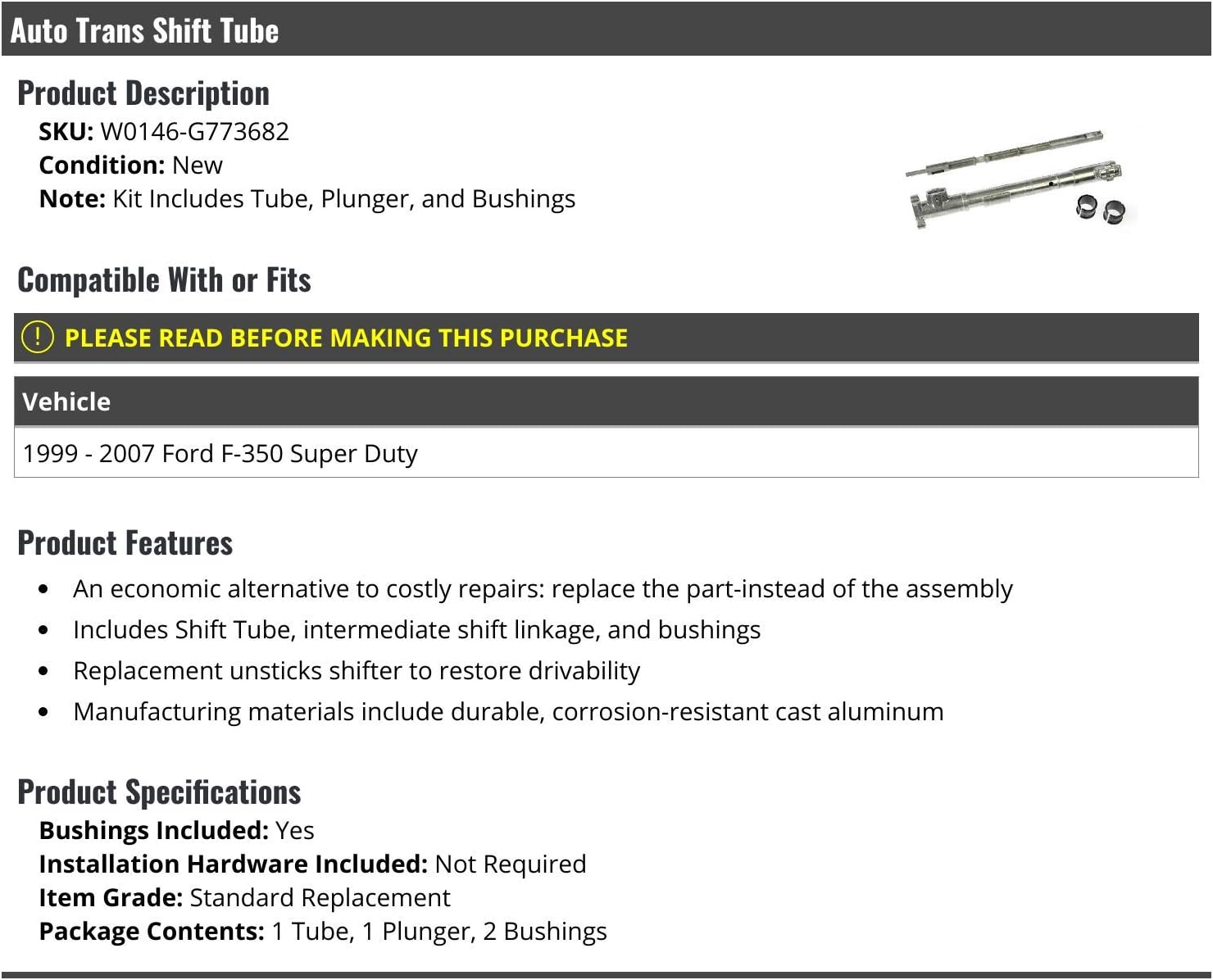Marketplace Auto Parts - Automatic Transmission Shift Tube - with Plunger, and Bushings - Compatible with 1999-2007 Ford F-350 Super Duty