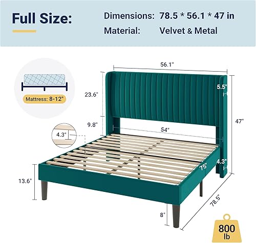 Miniatura 2 de Allewie Full Size Bed Frame/Velvet Upholstered Platform Bed/Vertical Channel Tufted Wingback Headboard/Strong Wooden Slats/No Box Spring Needed/Easy