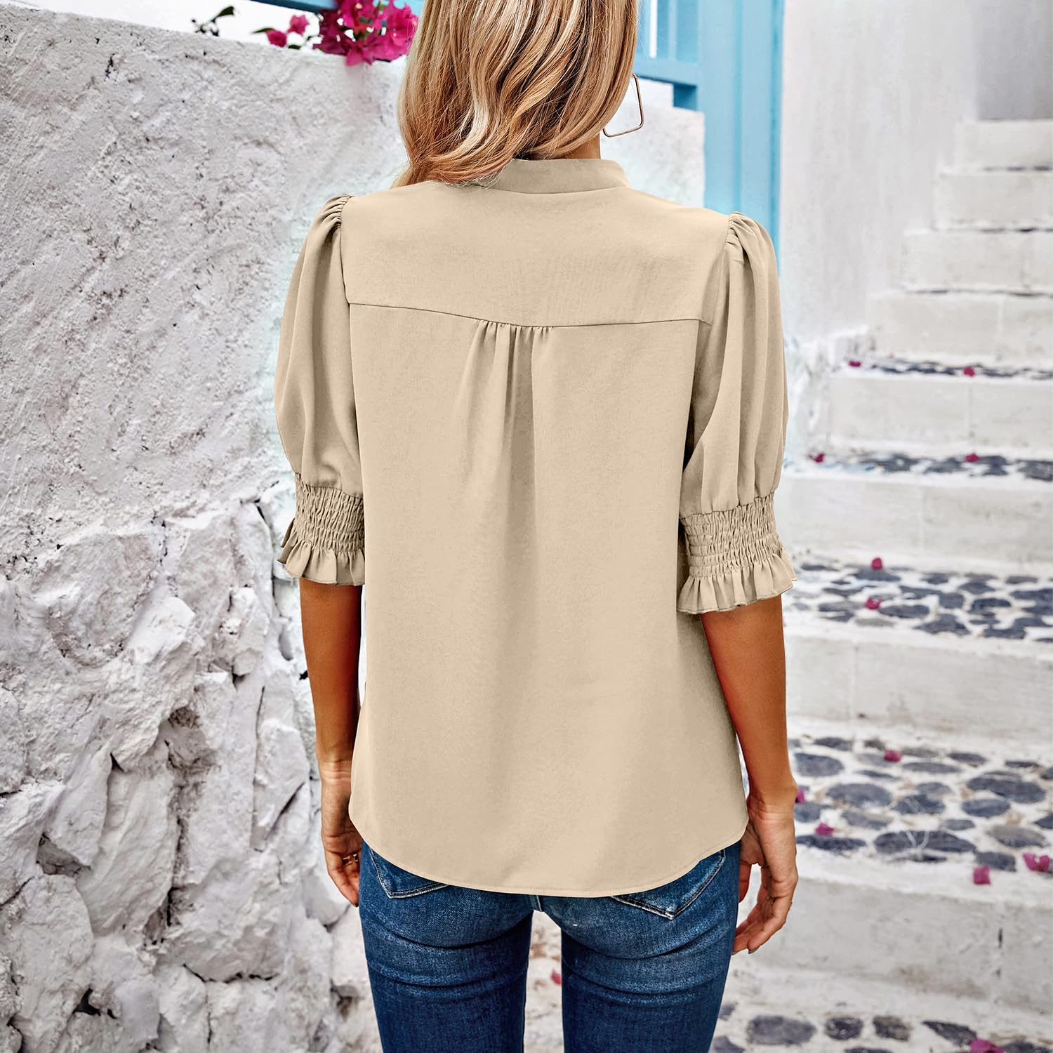 Theenkoln Bluse Damen Elegant V-Ausschnitt Oberteile Tunika Casual Shirt Tops