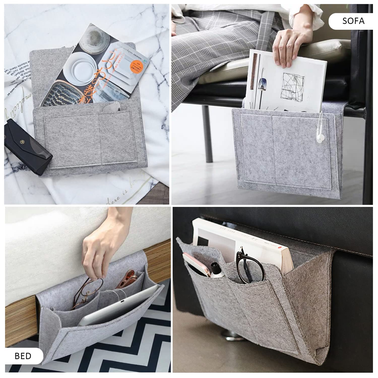 Bolsa de almacenamiento de fieltro para cabecera, organizador de noche, varios bolsillos, para revistas, libros, teléfono móvil, mando a distancia (gris)