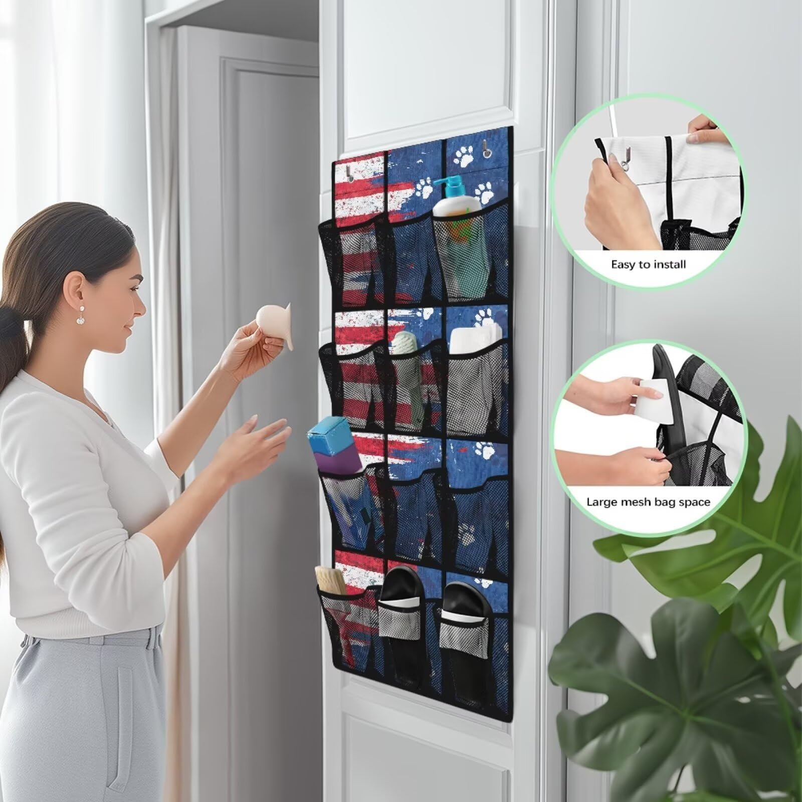 YUVAMAGIMO American Flag Over Door Organizer for Stuffies Collapsible Back of Door Shoe Organizer Large Capacity 4 Shelf 12 Clear Pockets Hanging Storage Bag for Shoes Cell Phones Belts Cookies