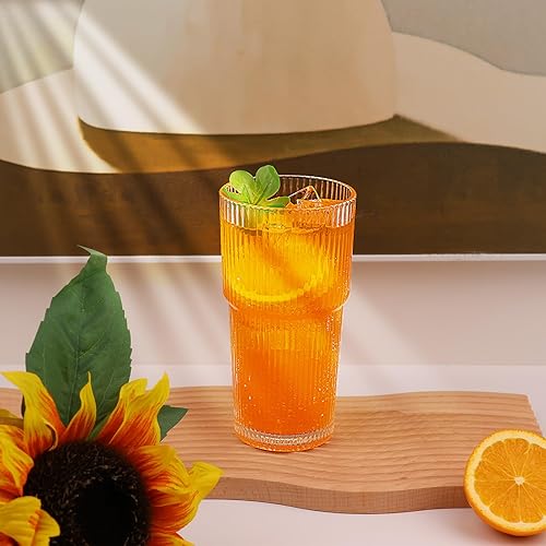 Miniatura 6 de Juego de 6 vasos de cristal acanalado de gran tamaño, vaso de vidrio transparente vintage de 20 onzas, gran capacidad, estilo origami, diseño