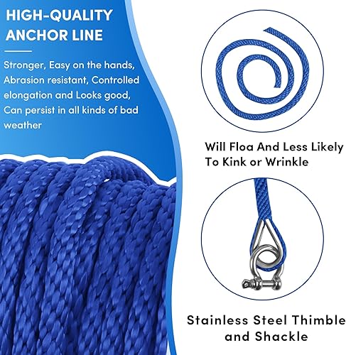 Vista 52 de Cuerda de anclaje premium de 100 pies x 3/8 pulgadas, cuerda marina de línea de anclaje MFP trenzada sólida con dedal y grillete, color negro
