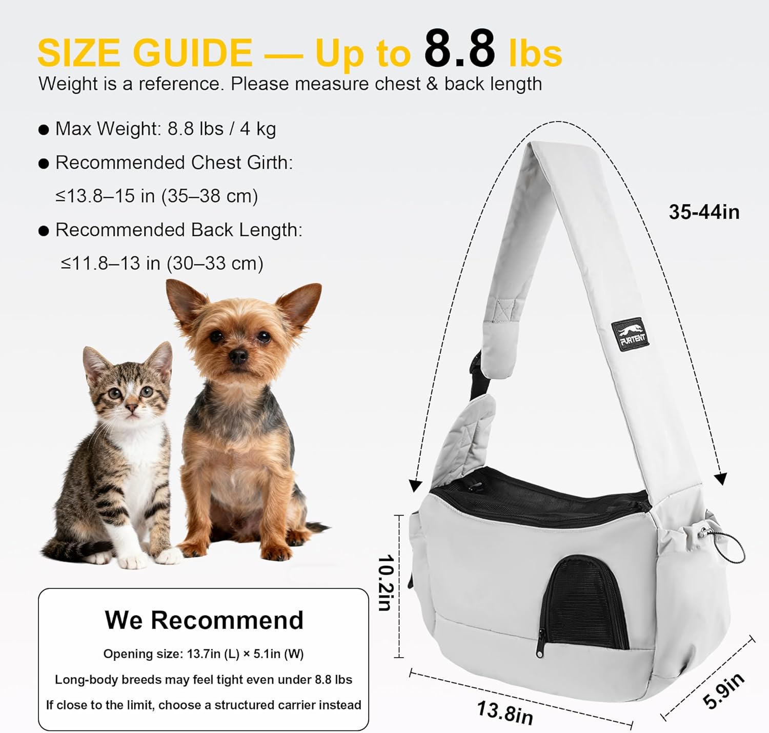 Dog Carrier Sling for Small Dogs & Cats Hand-Free Puppy Sling Purses with Storage Bag and Adjustable Shoulder Strap, Pet Sling Carrier Up to 8.8 Lbs (Grey)