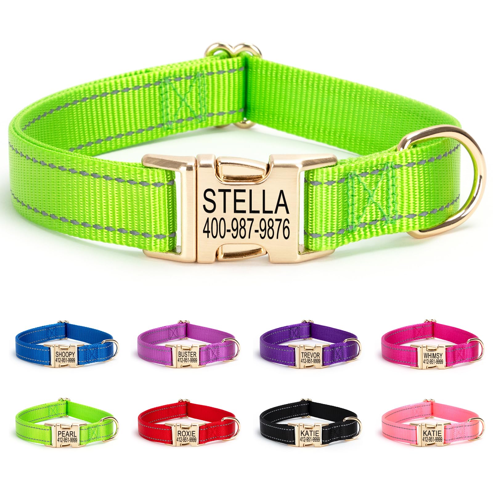 Personalized Dog Collar with Name Tag,Reflective Nylon Pet Collar, Engraved Gloden Buckle Dog Collars,XS S M L XL Adjustable Pet Collar for Small Medium Large Dogs,Christmas Pet gift(Green)