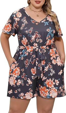 Nemidor Women Plus Size Summer Short Romper Jumpsuit Belt Pocket | Stretch knit, 1626 plus, curvy, casual, v neck, short sleeve, adjustable waist tie, beach, travel, hiking, work, jogging