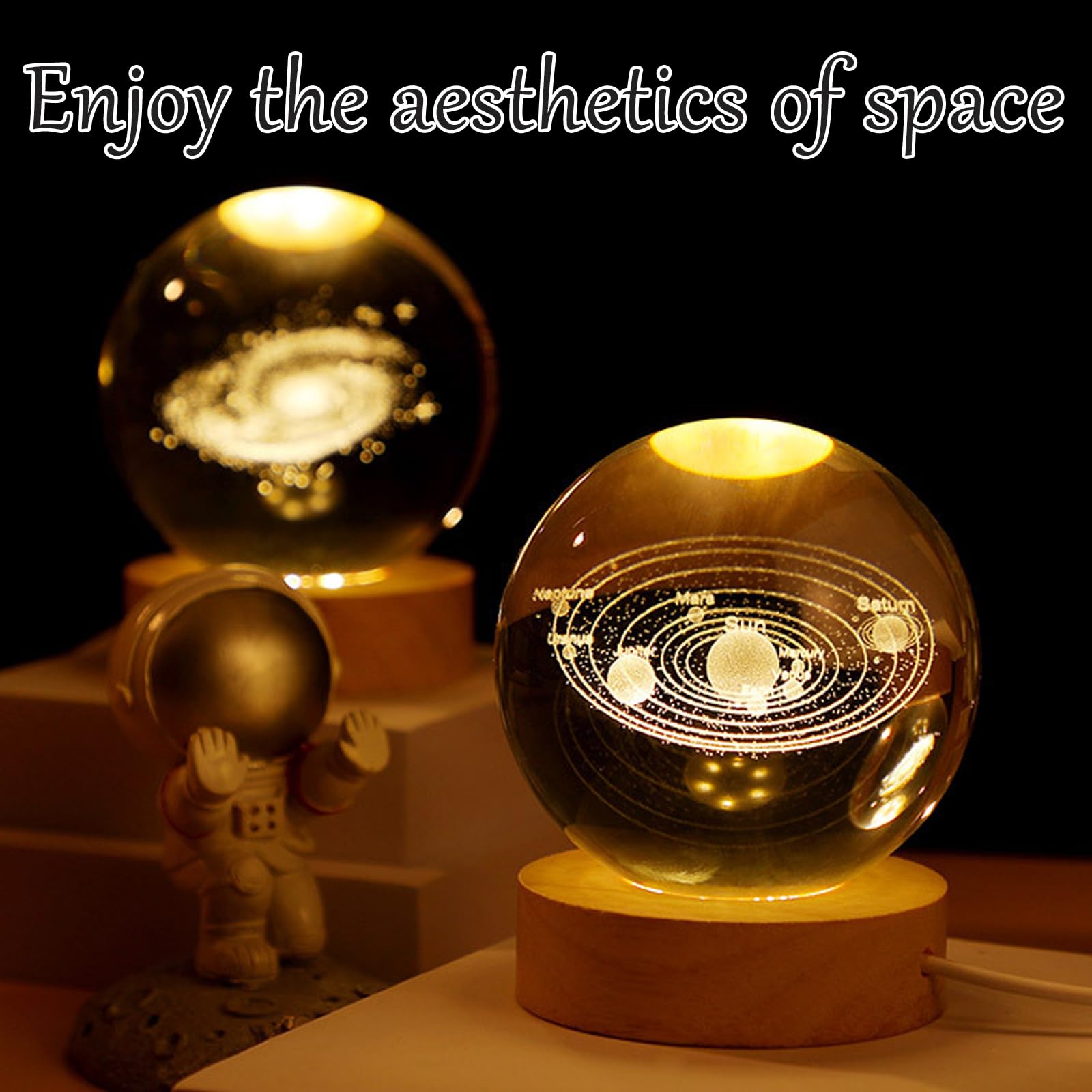 Lampada 3D Sfera Di Cristallo Sistema Solare Con Base In Resina - Luce Notturna LED USB Regalo Creativo