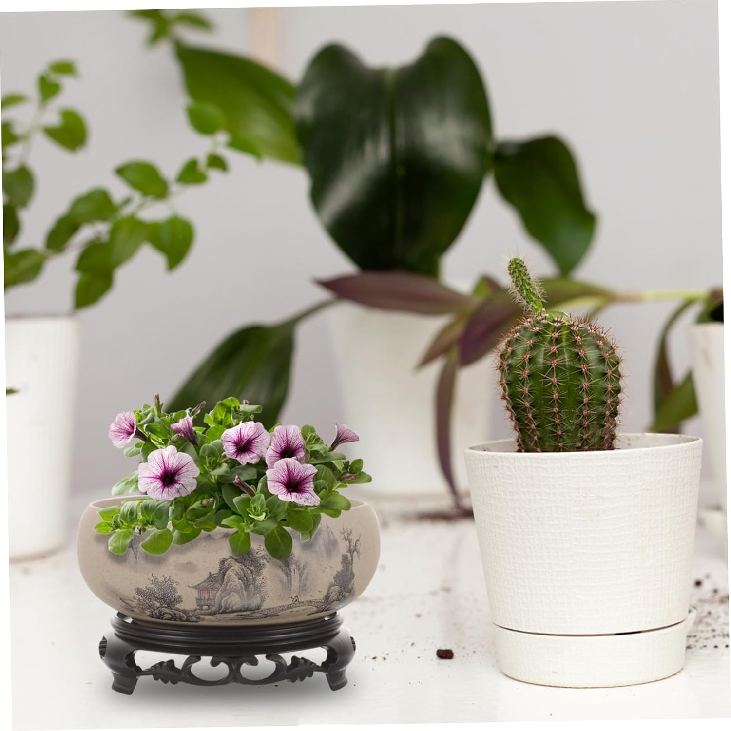 SUPVOX Ceramic Planter Bowl with Base Chinese Daffodil Pot No Hole Aquatic Plant Pot Vintage Round Shallow Planter Decorative Flower Container Bowl Bonsai