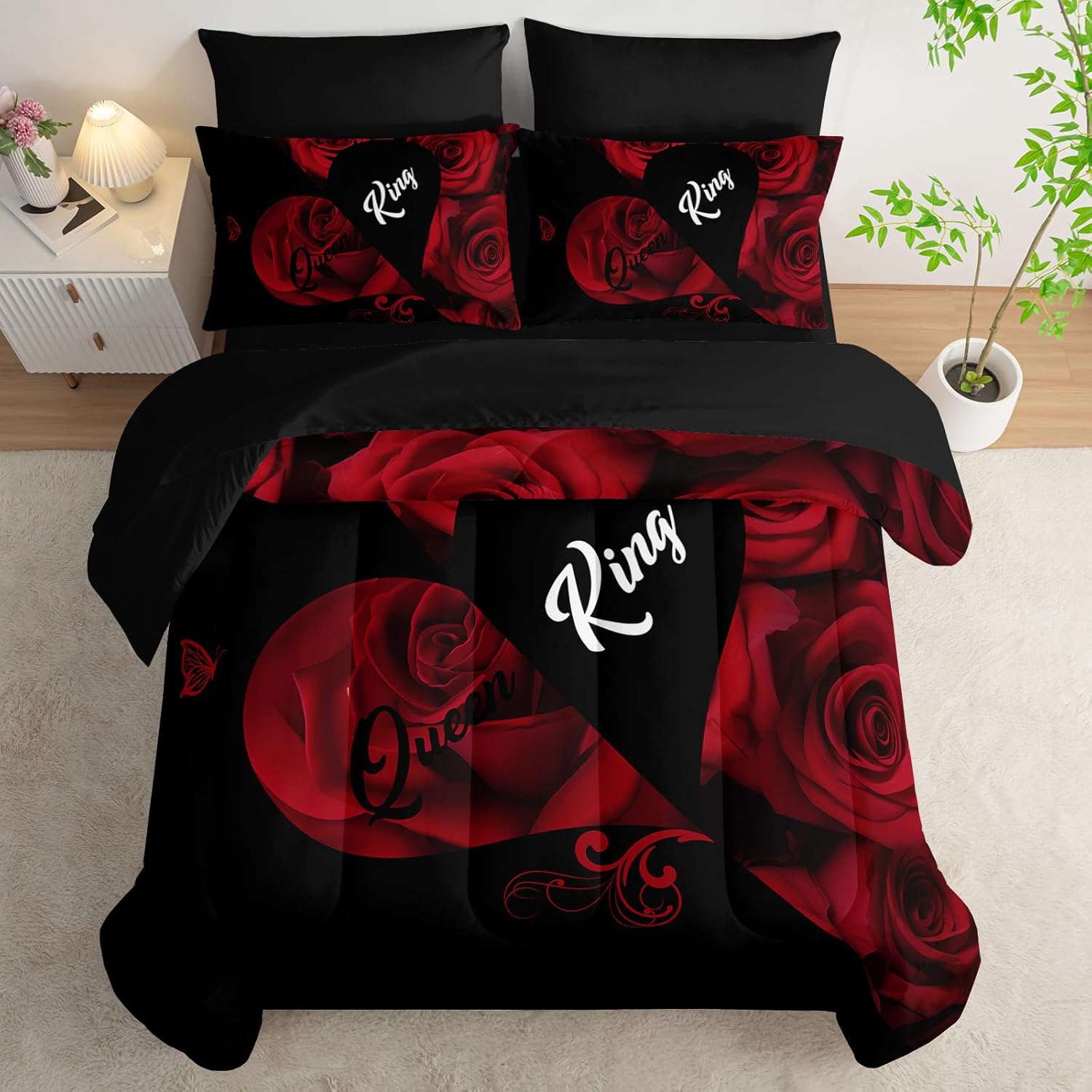 7 Piece Red and Black Rose King Comforter Set,King Quilt Bedding Set Rose,(1 Comforter, 1 Flat Sheet, 1 Fitted Sheet, 2 Pillowcase and 2 Pillow Sham) - Image 5