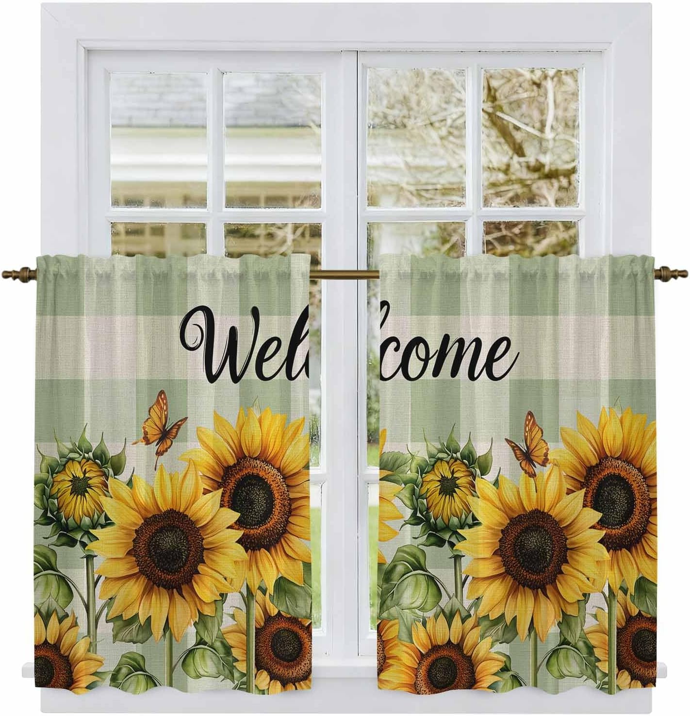 Sunflower Kitchen Curtains, Summer Botanical Floral Sage Green Plaid Light Filtering Window Curtain Panels, 2Pcs Rod Pocket Window Treatments Set for Cabin Bathroom Bedroom 52x45 Inches