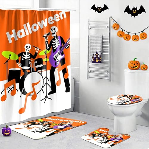 Miniatura 26 de Juego de 4 cortinas de ducha de Halloween, juego de baño de Halloween con cortina de ducha y alfombras, cubierta de tapa de inodoro, cortina de