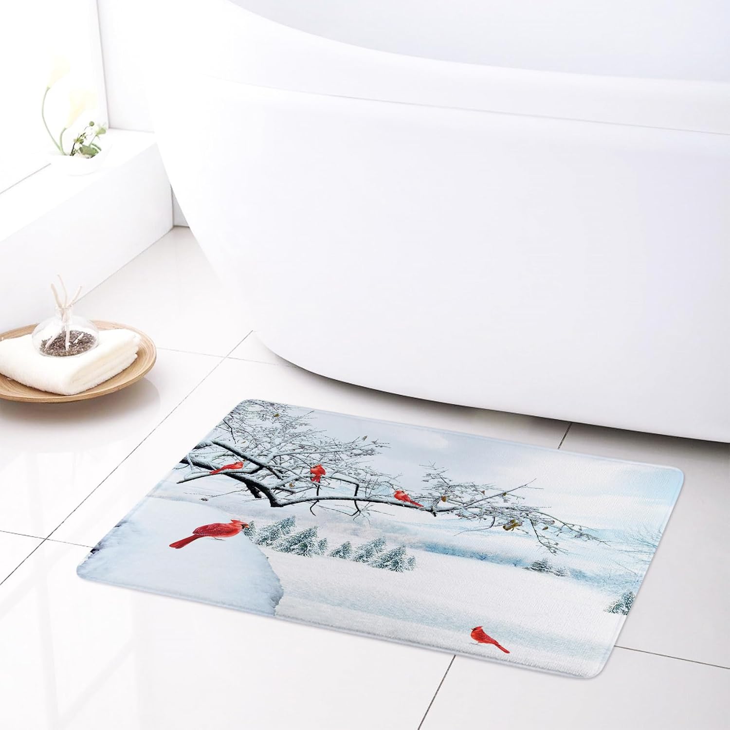 HVEST Winter Shower Curtain & Bathroom Rug Set, Cardinal on Branch Christmas Pattern, 70L x 70W Inches, Snowy Mountain Scene