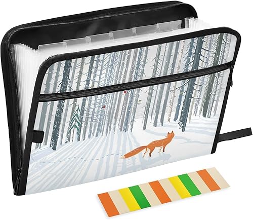 Carpeta de archivos expansible – Winter Forest Landscape Fox Carpetas de archivo de acordeón de 13 bolsillos con etiquetas adhesivas, organizador de