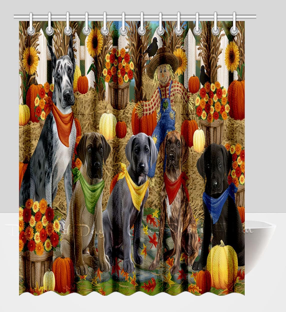 Fall Festive Gathering Great Dane Dogs Shower Curtain - Waterproof Polyester One-Side Printing Pet Bathtub Curtain Decor Curtain for Bathroom with Hooks, (69"x70")