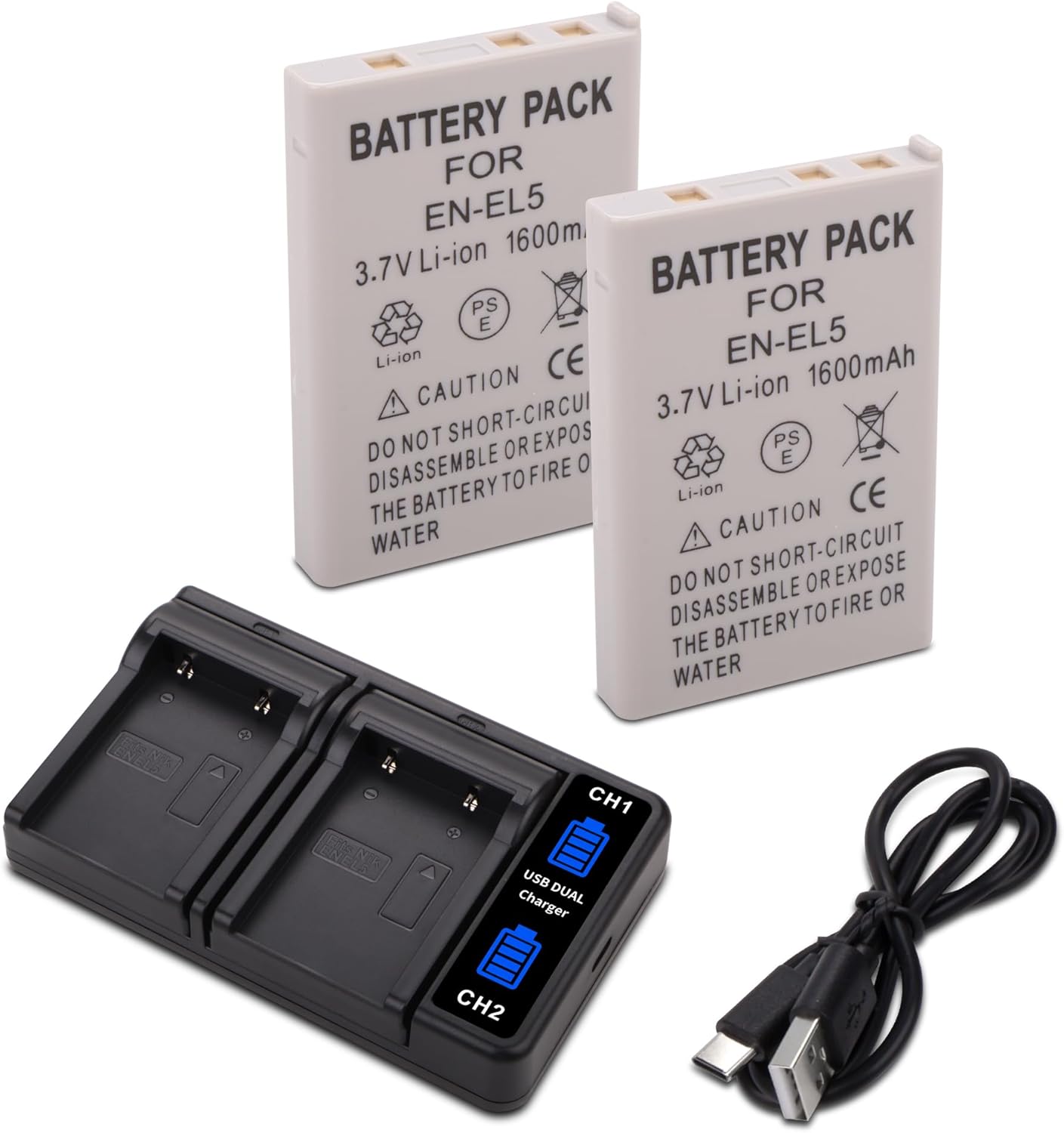 2-Pack EN-EL5 Battery with USB-C Smart LCD Dual Charger for Nikon CoolPix P80, P90, P100,P500,P510,P520,P530,P5100, P5000, P6000, 3700, 4200, 5200, 5900, 7900, P3, P4,S10 Camera