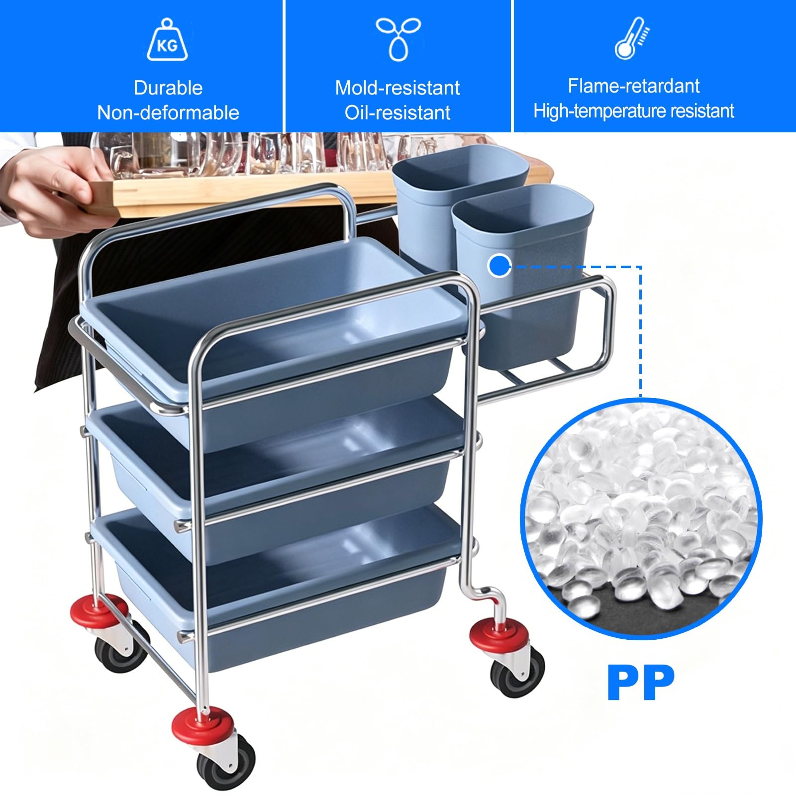 Carrito Cocina for Recoger Platos, Carro de Recogida de Platos de Acero Inoxidable, Camarera con Ruedas, for escuelas, Restaurantes(Blue)