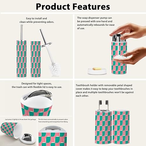 Miniatura 6 de Bathroom Accessory Set 6 Piece Boho Christmas Retro Green Pink Red Beige Xmas Design 60s 70s Retro Trash Can, Toothbrush Holder, Soap Dispenser,