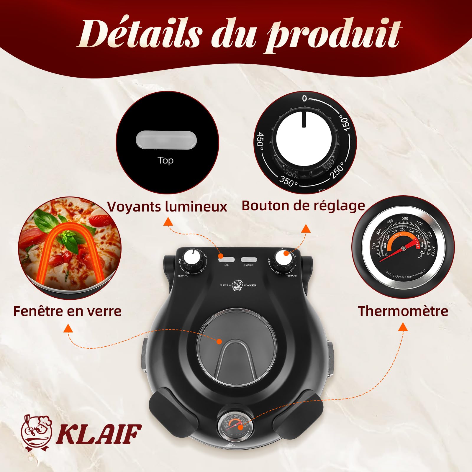 KLAIF Four à pizza électrique de comptoir avec pierre céramique de 31 cm, deux commandes de température réglables, dont 4 ustensiles à pizza, LMC-Noir