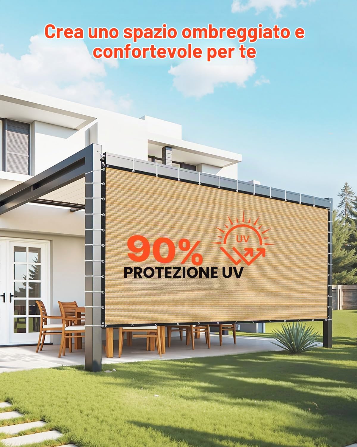 VEVOR Vela Ombreggiante con Protezione Solare, 366 x 610 cm, per Pergolato con Occhielli in Acciaio Inox, Telo Ombreggiante con Materiale HDPE, per Esterno Patio Giardino Cortile, Beige
