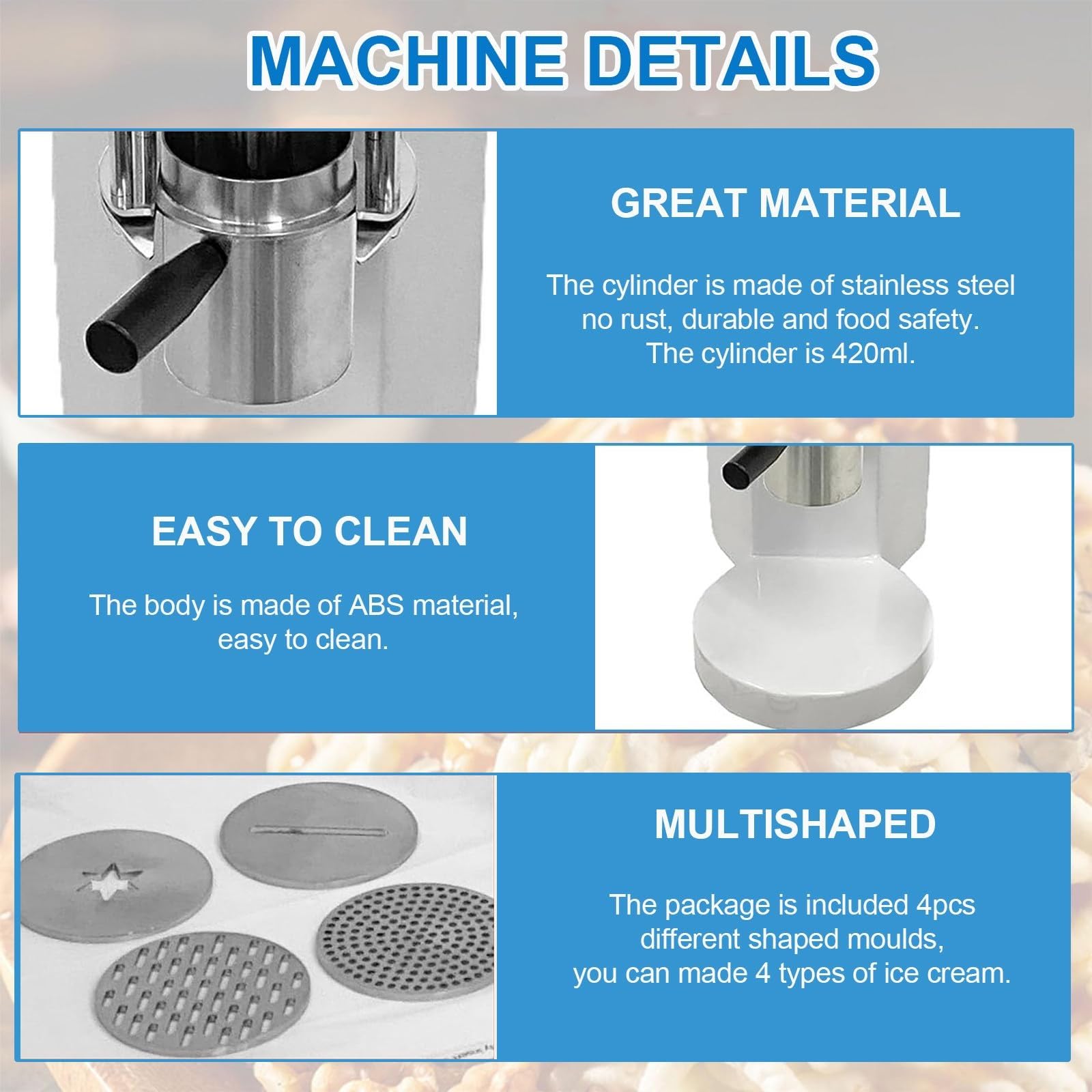 Machine à gelato électrique avec 4 moules, trémie de 420 ml et autocollants – Machine polyvalente pour spaghetti, crème glacée et desserts