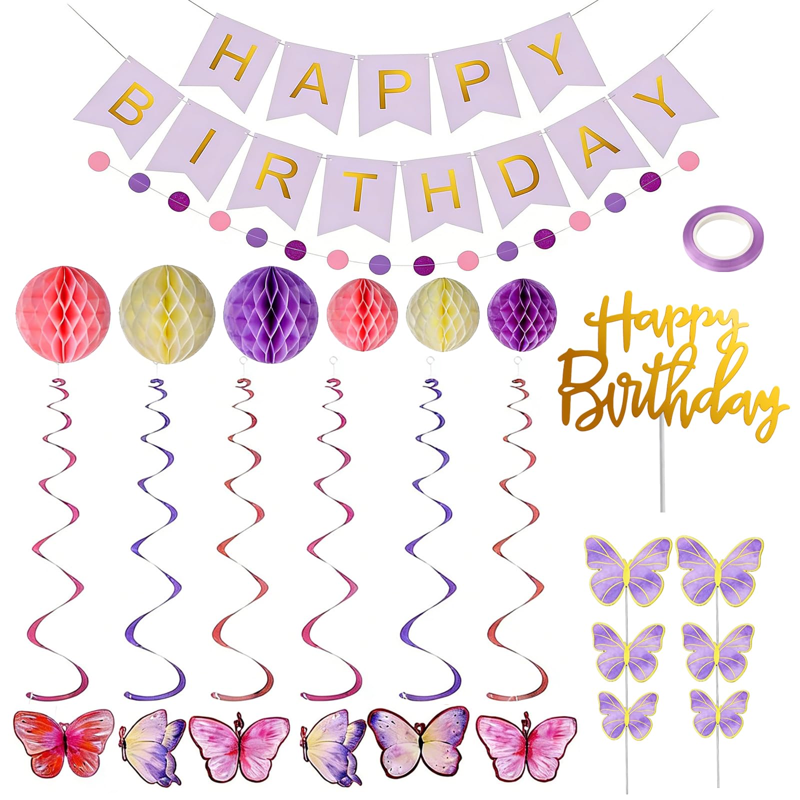 Purple Butterfly Birthday Decorations Set with Happy Birthday Banner Honeycomb Ball Butterfly Hanging Swirl Streamer Dot Garland and Cake Topper for Women Girls Birthday Party Decorations