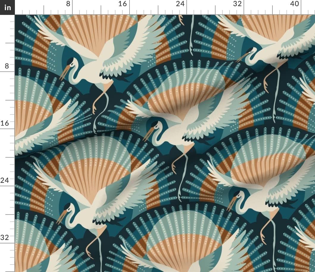 Spoonflower Fabric - Art Deco Heron Teal Copper Orange Large Scale Retro Geometric Sunset Printed on Petal Signature Cotton Fabric Fat Quarter - Sewing Quilting Apparel Crafts Decor