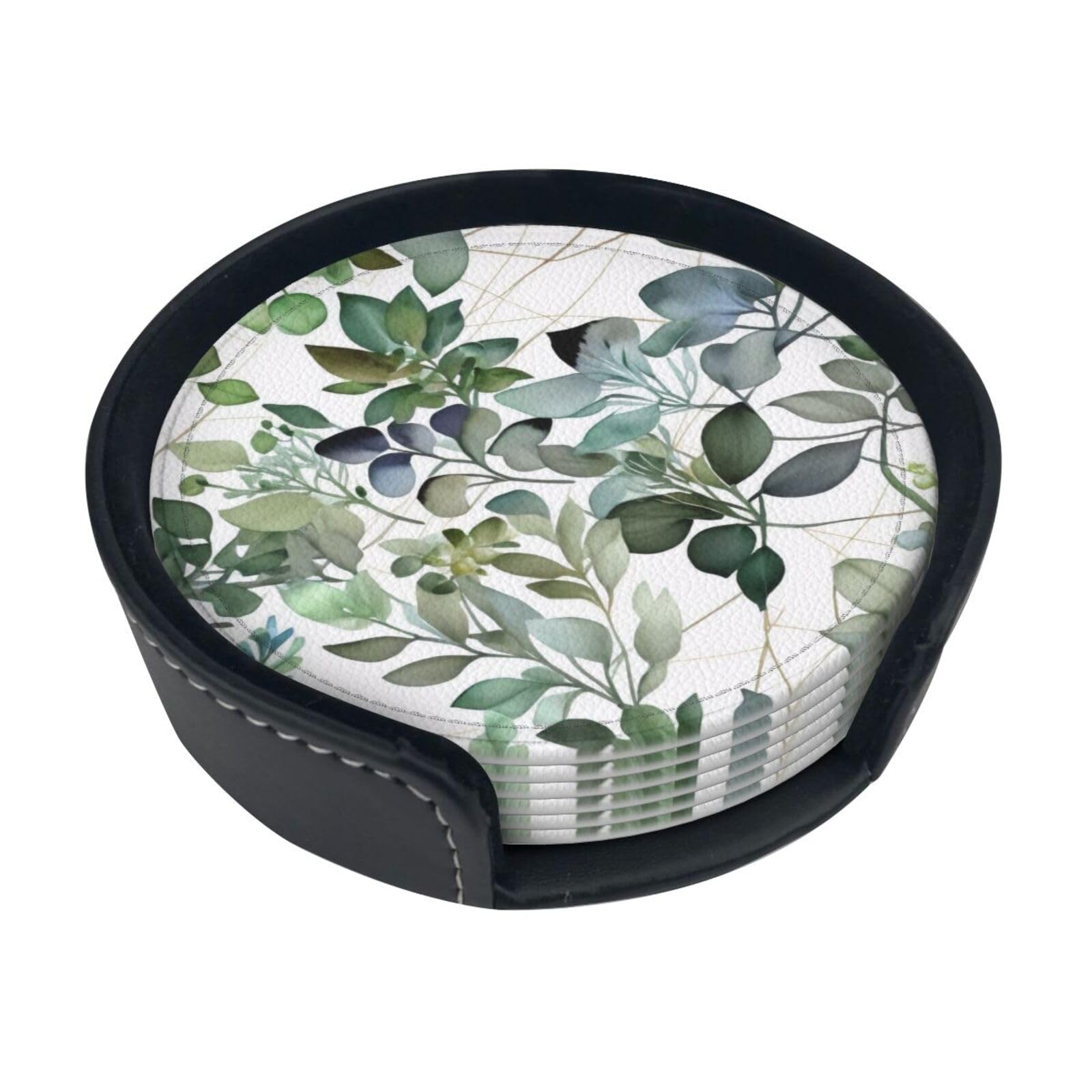 Stylish Green Eucalyptus Leaves Round Pu Leather Coasters For Drinks Set Of 6, Waterproof And Durability With Storage Box, Perfect For Coffee Table, Dining Room, And Home Decor
