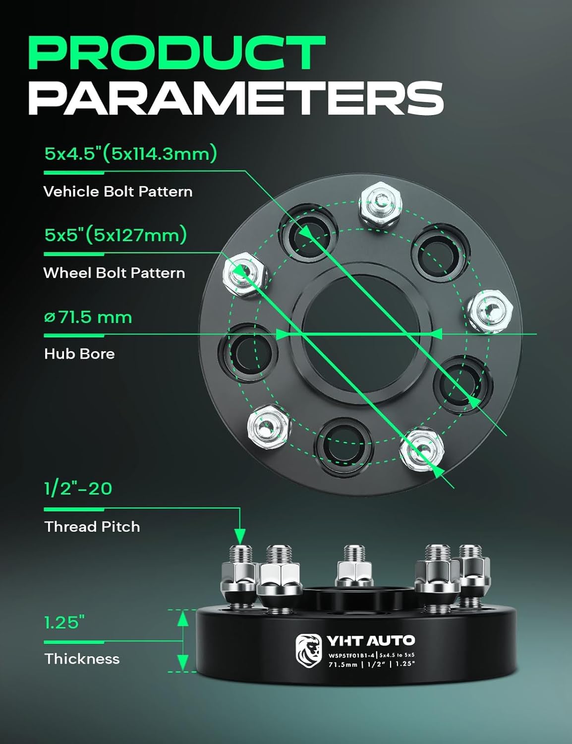 YHTAUTO 5x4.5 to 5x5 Hub Centric Wheel Adapters 1.25 inch Fits Jeep JK XK WJ WK Wheels on YJ TJ XJ KK KJ SJ ZJ, Wrangler, Liberty, Grand Cherokee, Cherokee, Tire Adapter w/ 1/2"-20 Studs, 71.5mm Bore