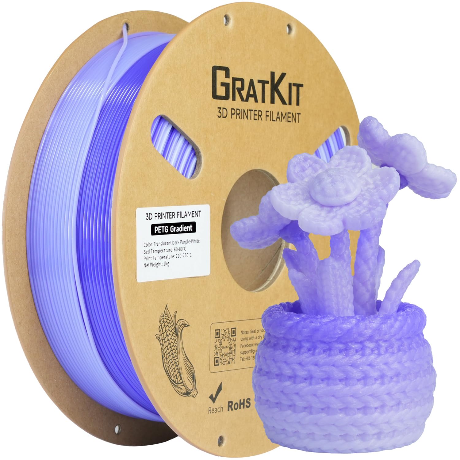 GratKit Gradient PETG Filament, 1.75mm, 1kg, Translucent Dark Purple White