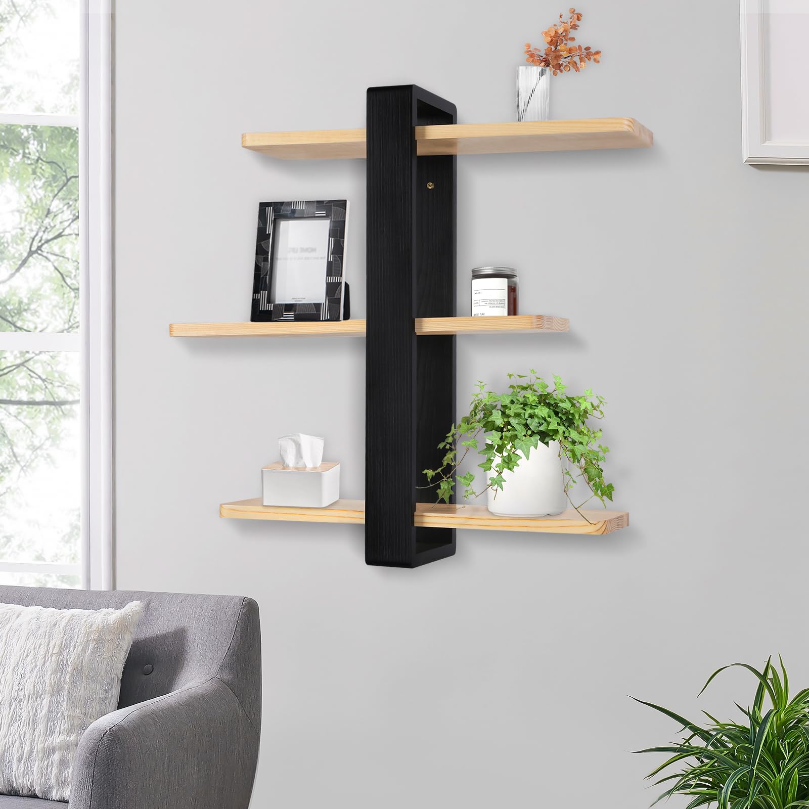 HUOLE Étagère Murale Industrielle en Acier pour Tuyaux en Bois Étagère Suspendue Bibliothèque Étagère de Rangement à 3 Niveaux pour Cuisine, Salon, Chambre à Coucher, 58 * 50 * 16cm-Noir (2pc)