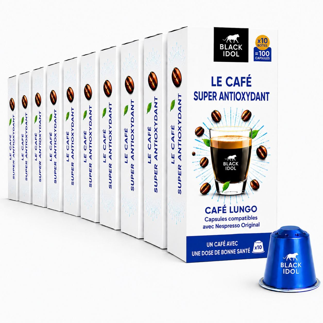 CAFÉ SUPER ANTIOXIDANTE – ANTIEDAD BLACK IDOL – 100 CÁPSULAS, compatible con NESPRESSO* ORIGINAL – Intensidad 10 – Café enriquecido con polifenoles antioxidantes naturales