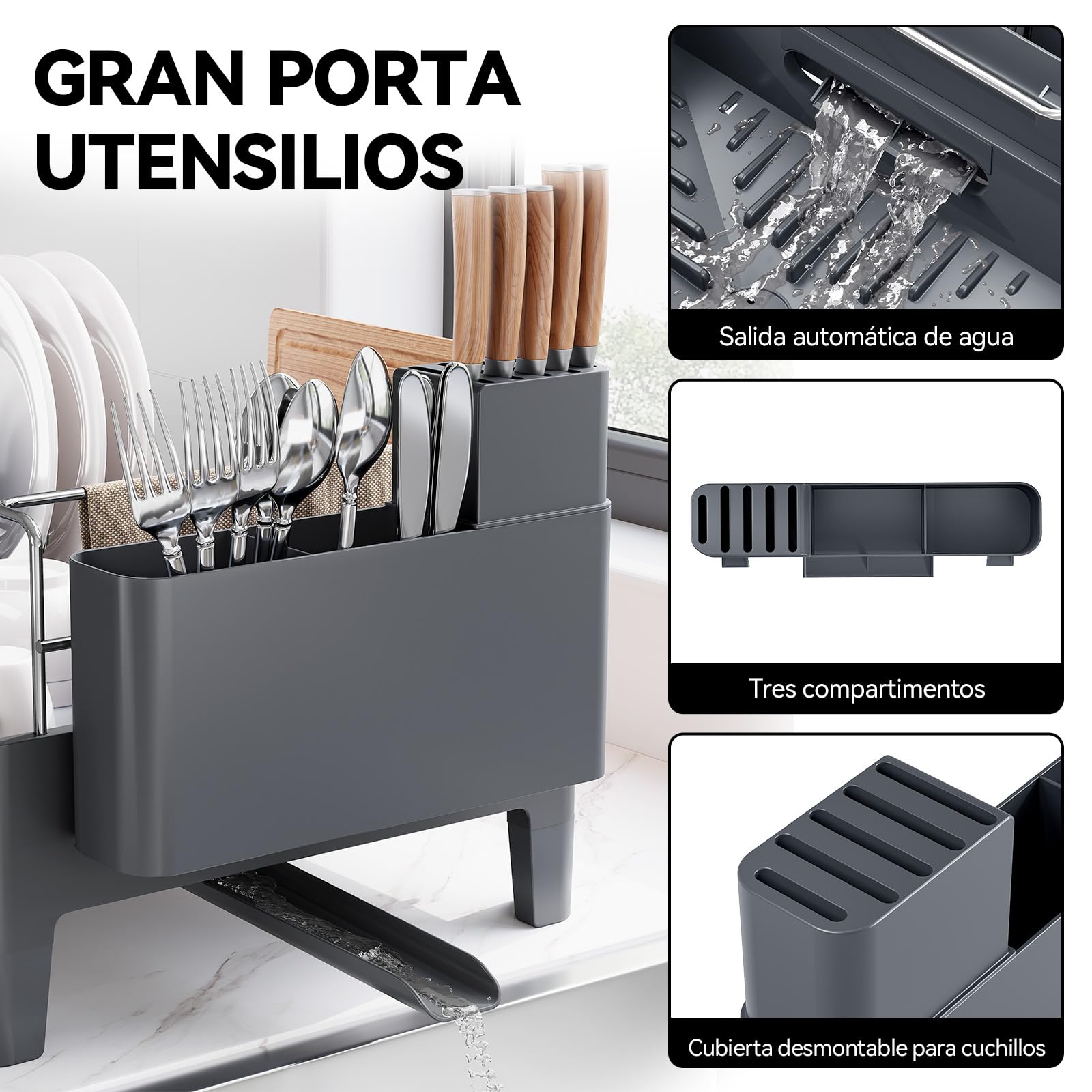 Urackify Escurridor de Platos, Gris | Extensible, Acero Inoxidable, Aluminio, Soporte Utensilios Extraíble, para Encimera