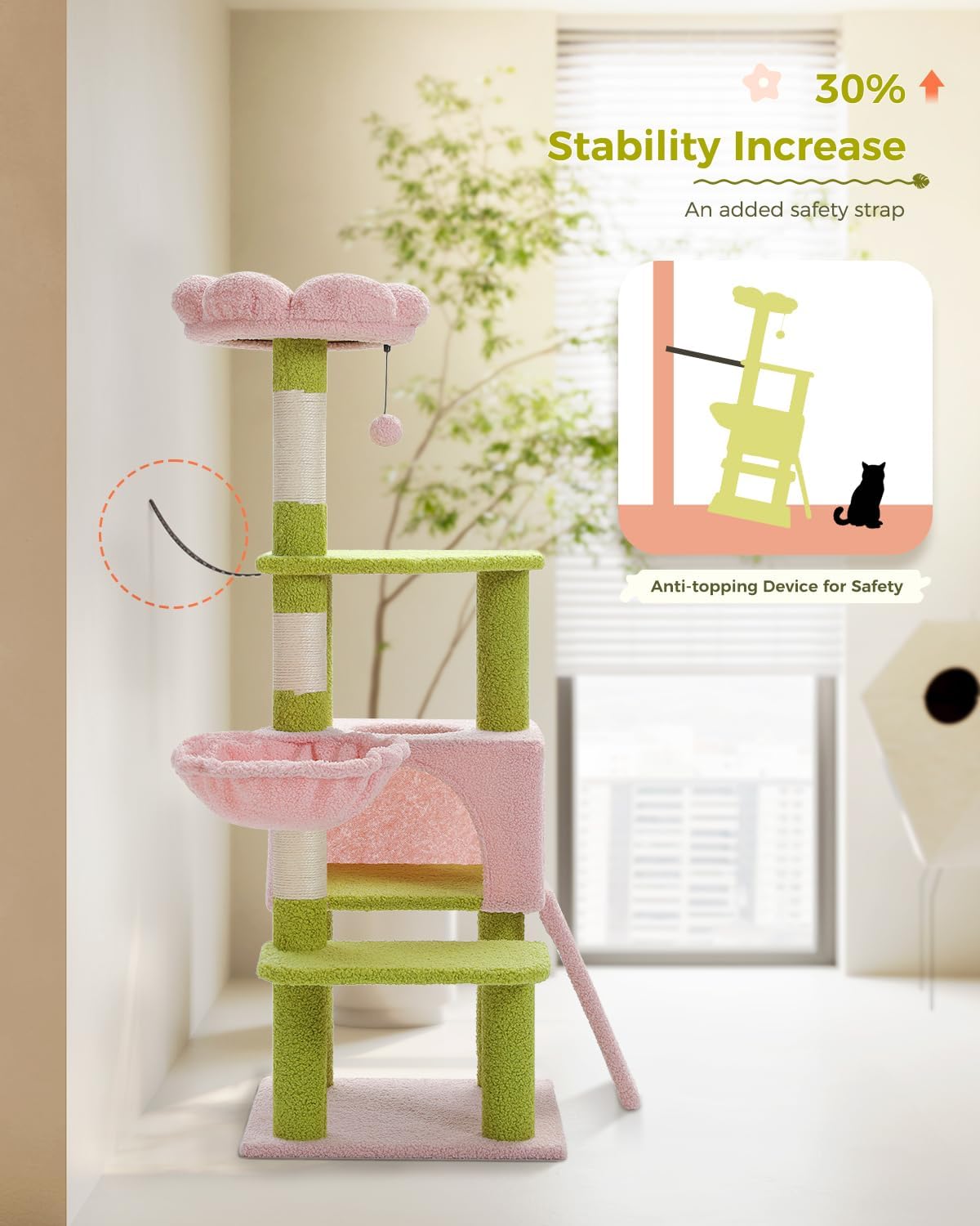 MUTTROS Flower Cat Tree 47.2" Multi-Level Cat Tower with Sisal Covered Scratching Posts, Cute Cat Condo for Indoor Small Medium Cats, Pink Top Perch, Fluffy Ball, Pink