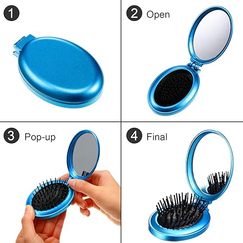 Miniatura 9 de Paquete de 2 cepillos de pelo plegables para espejo de viaje, cepillo de pelo redondo portátil plegable de bolsillo, mini peine de pelo compacto,