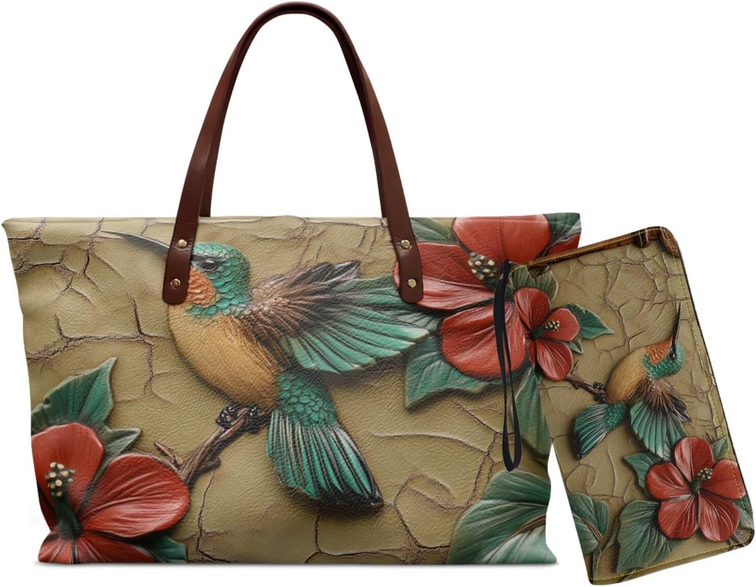2pcs Tote Bag Set for Women,Ladies, Waterproof Top Handle Bag with Zipper Small Wristlet Purse