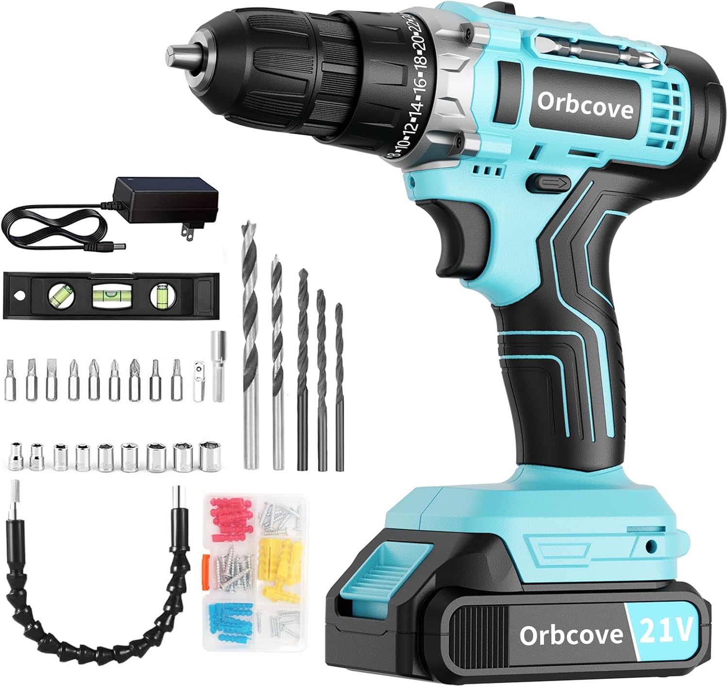 Taladro inalámbrico Orbcove 21V con batería y cargador, 65 piezas