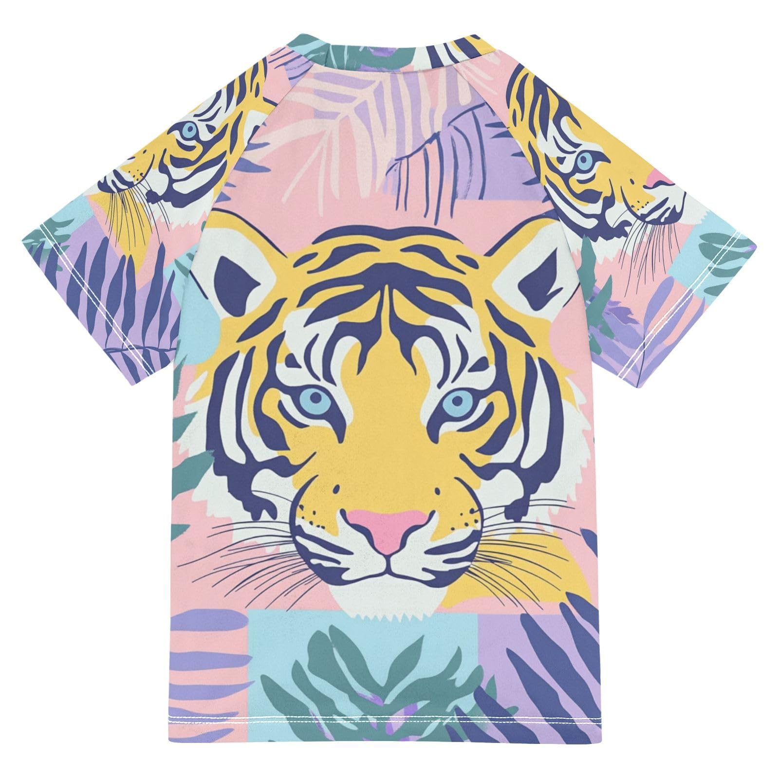 Jucciaco Boys Swimsuit Tiger Graphic Monstera Sunscreen Kids Sun Rashguard Short Sleeve T-Shirts Swimwear Sets UPF 50+ Multicoloured