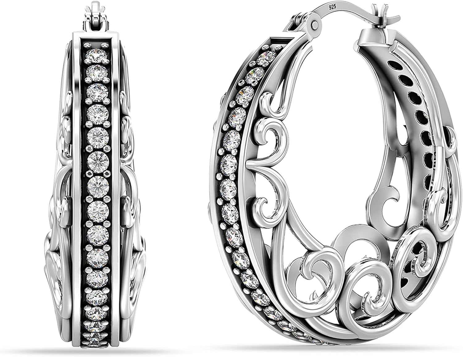 LeCalla 925 Sterling Silver Filigree Hoop Earrings | Hypoallergenic Lightweight Intricate Floral Filigree Earring Snap-Back Closure for Women