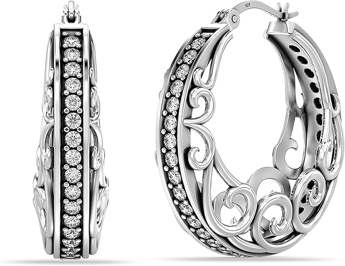 LeCella Joyería de plata de ley Diseño de filigrana Pendiente de aro para las mujeres adolescentes