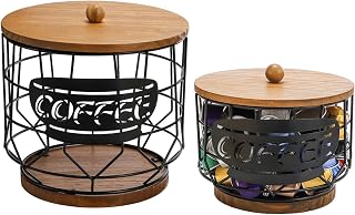 2 Pack Coffee Pod Holder with Lid, Large Capacity K Cup Holder with Rustic Wooden Base, Black Wire Coffee Storage Basket for Filters Capsules, Cafe Bar Organizer
