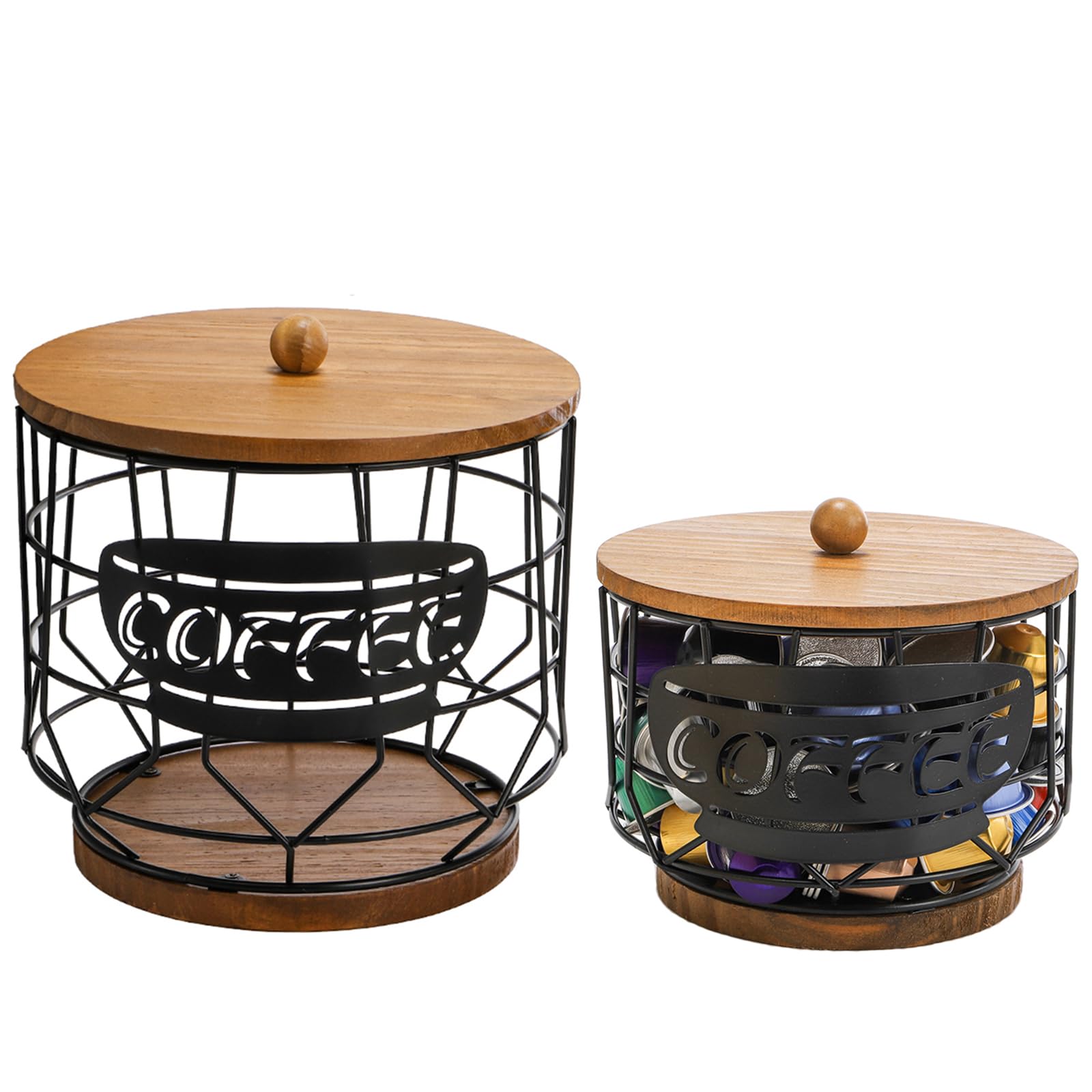 Yarlung 2 Pack Coffee Pod Holder with Lid, Large Capacity K Cup Holder with Rustic Wooden Base, Black Wire Coffee Storage Basket for Filters Capsules, Cafe Bar Organizer