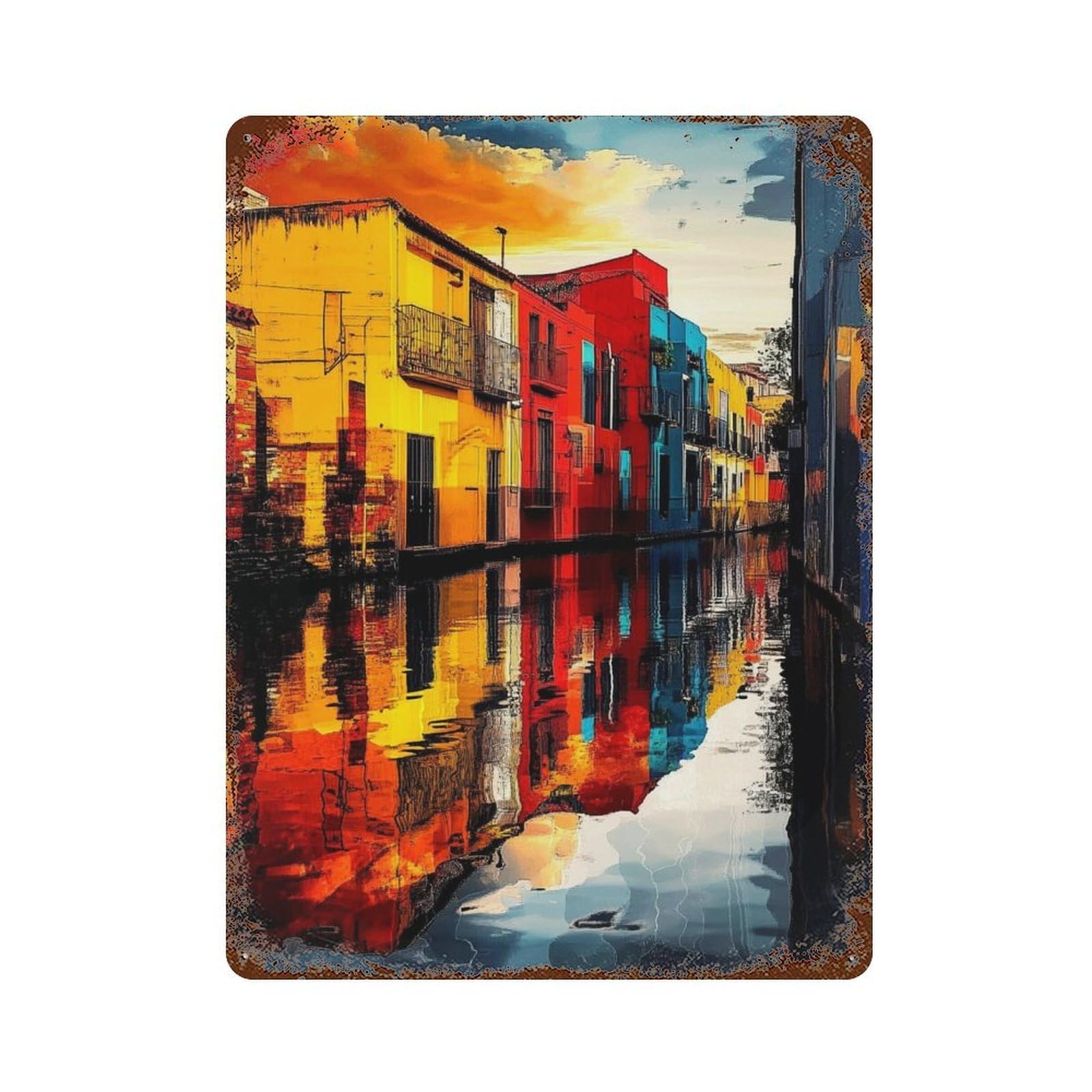 Colorful Canal Reflections Decorative Tin Sign 15.7"x11.8", for Bistro, Counter And Cafe Decor, Novelty Wall Decor