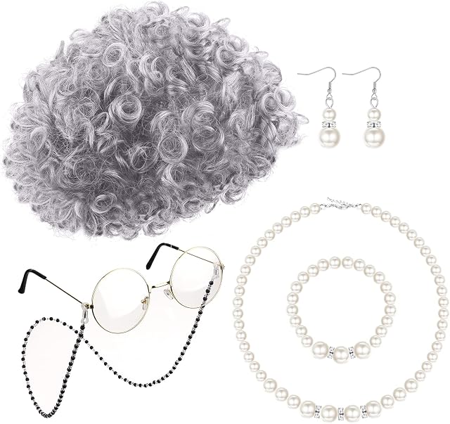 MILACOLATO Old Lady Costume Set Old Lady Wig Grandma Wig White Grey Black Granny Wig Cap Bead Chain Cords Artificial Pearl Necklace Bracelet Earrings Adult Fancy Dress Accessories Fits All, GrayBoom