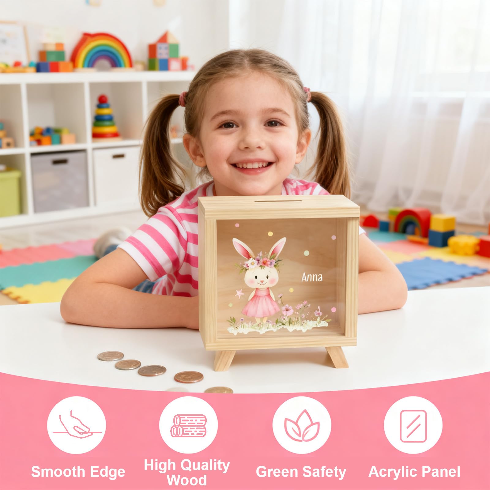 Personalisierte Holz-Sparschwein für Kinder,mit Blumen-Tieren (Hase, Bär),durchsichtige Box mit Name,Deko fürs Kinderzimmer,Geschenke zum 1.Geburtstag,Baby-Shower,Weihnachten,Ostern für Mädchen
